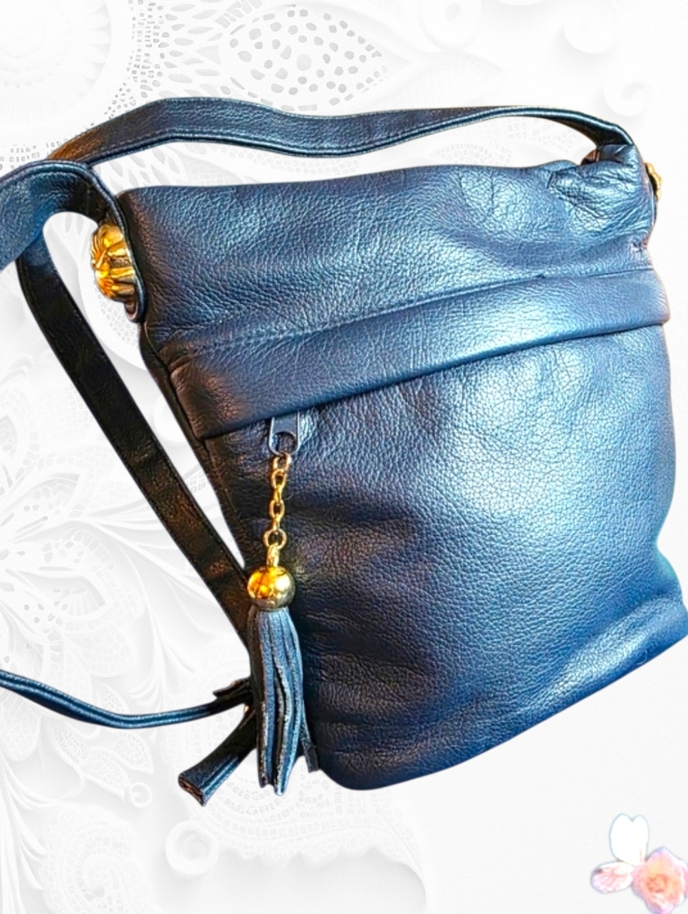 Vintage Toni Genuine Leather Shoulder Bag Gold Hardware Tassel Navy 1N
